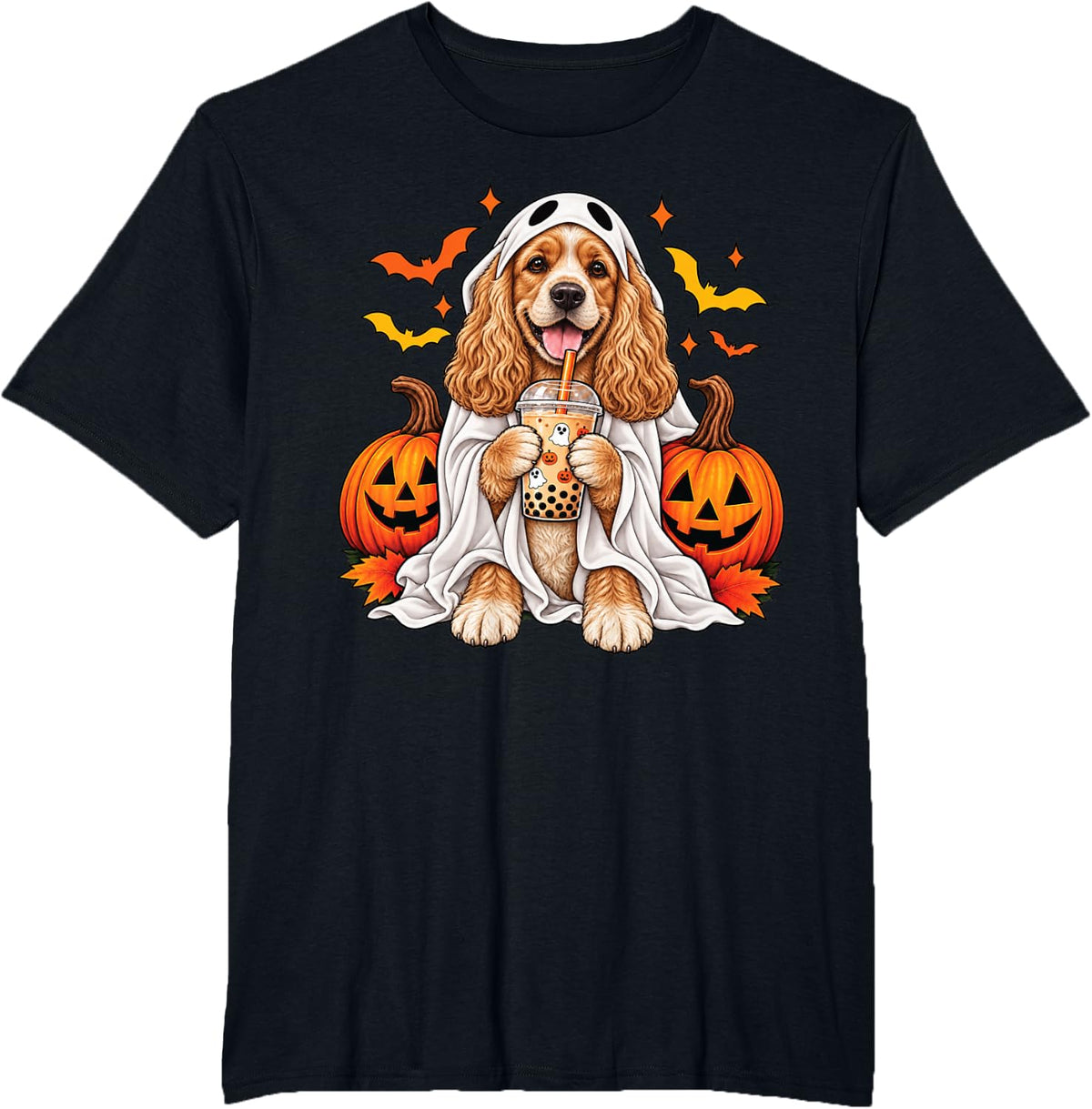 Cocker Spaniel Dog Ghost Boba Halloween Pumpkin Bubble Tea T-Shirt - Black