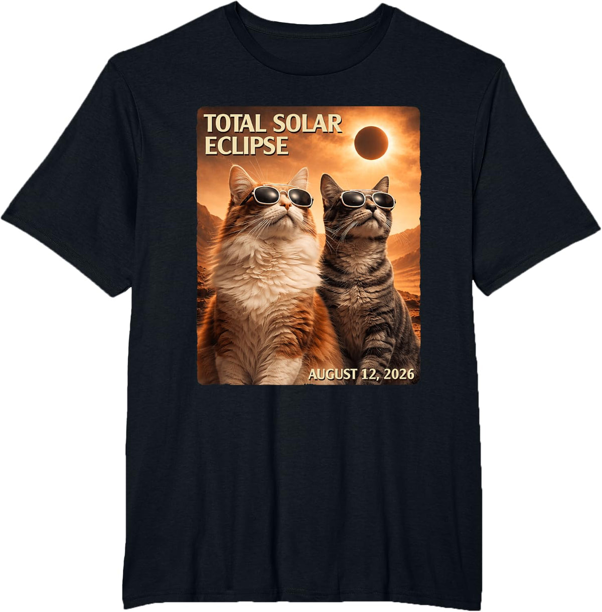 Total Solar Eclipse Cats Wearing Glasses August 12 2026 Tee T-Shirt - Black