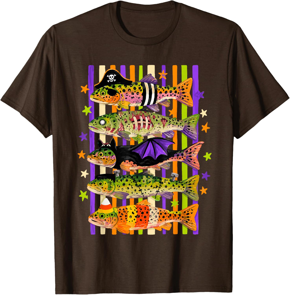 Halloween Trout Fish Ghost Pumpkin Skeleton Spooky Fishing T-Shirt - Brown