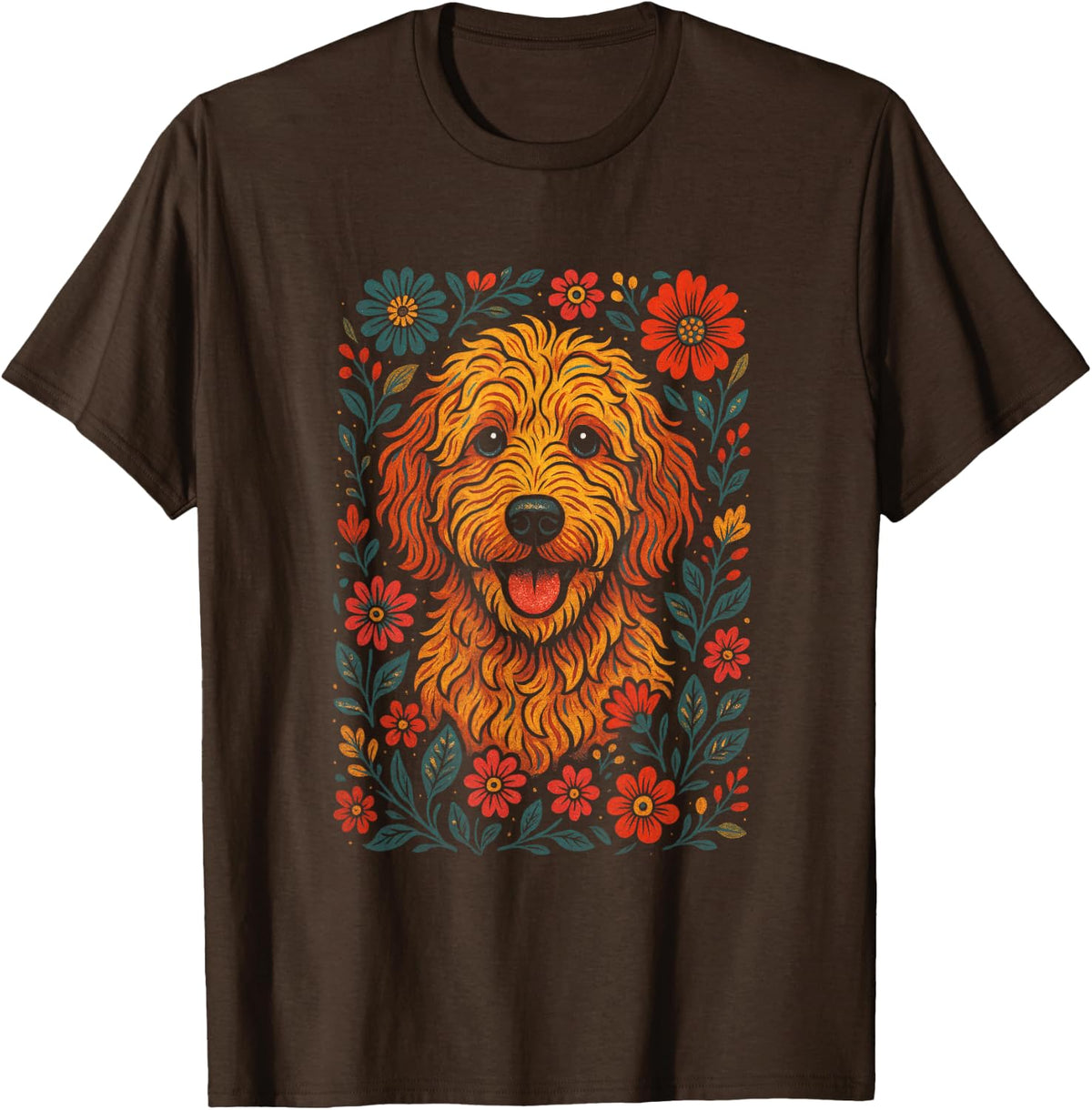 Goldendoodle - Floral Vintage Dog Art T-Shirt - Brown