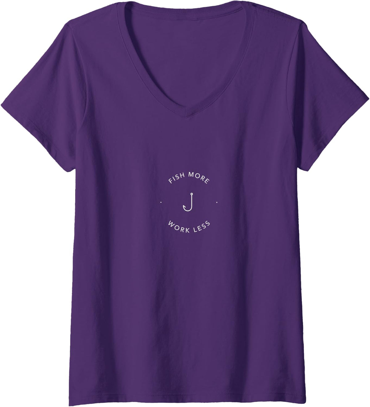 Women's Fish More Work Less Minimalist Fishing Angler Bass V-Neck T-Shirt - Purple