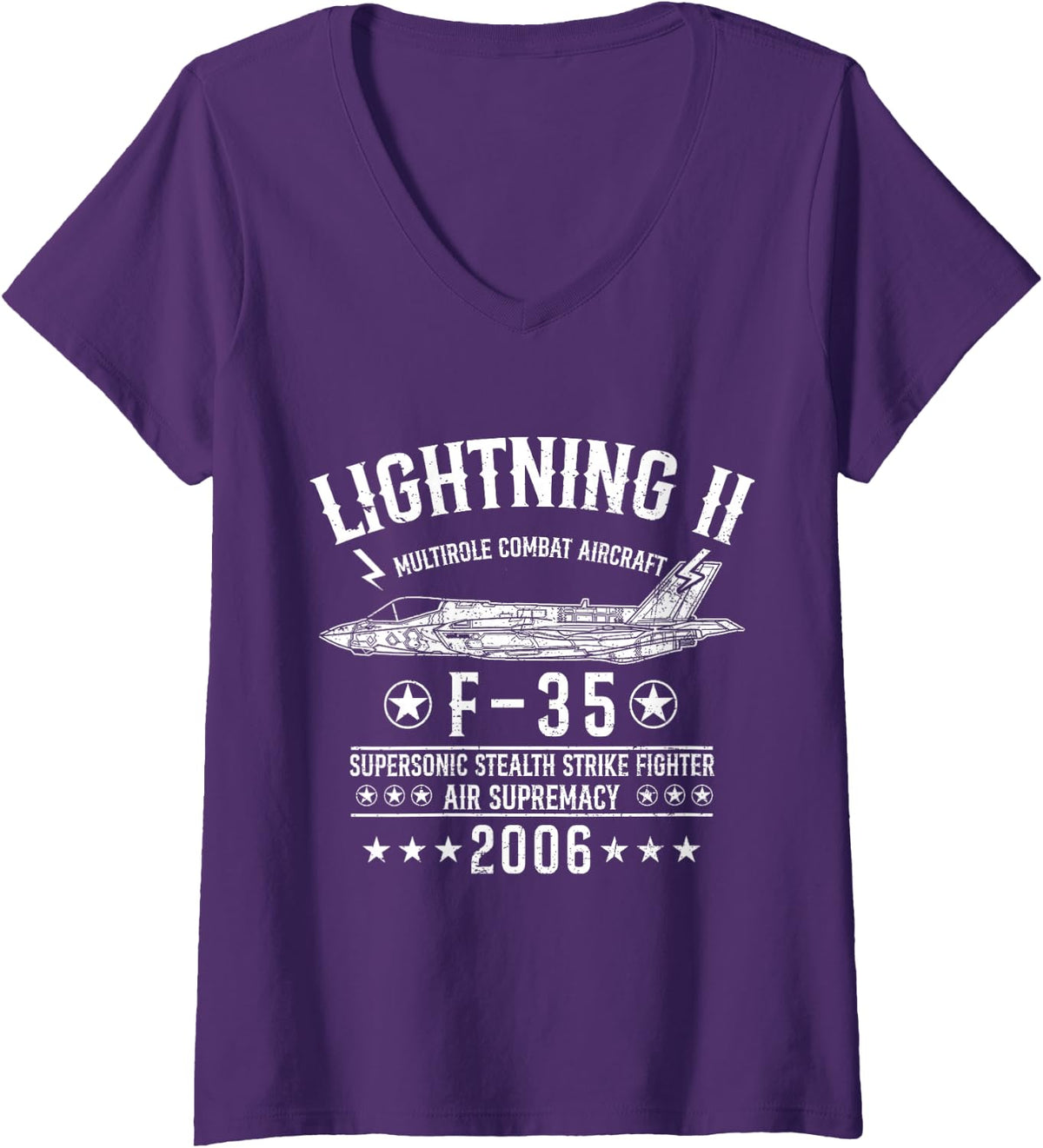 Women's F-35 Lightning Strike Fighter Jet Aviation Military Aircraft V-Neck T-Shirt - Purple