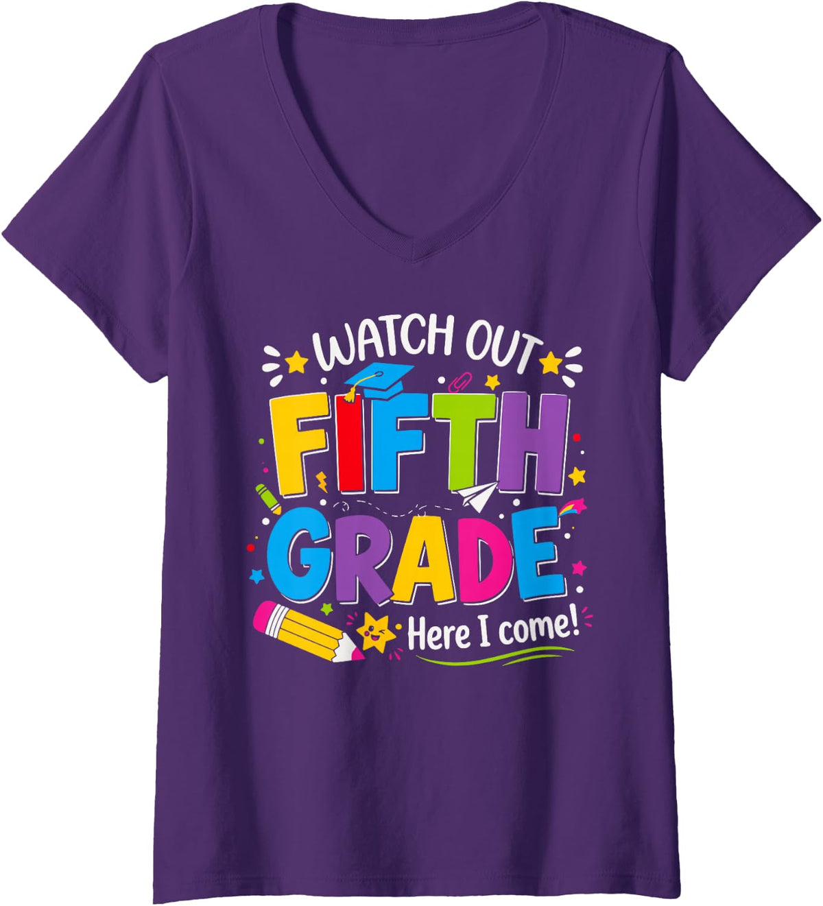 Women's Watch Out Fifth Grade Here I Come Back to School 5th Grade V-Neck T-Shirt - Purple