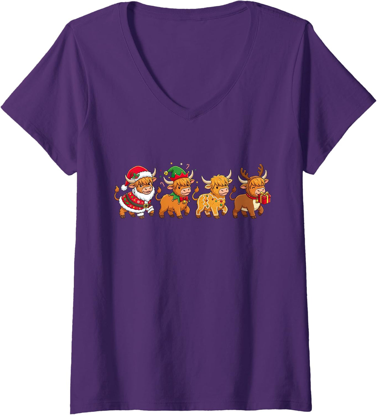 Women's Christmas Highland Cow Santa Elf Gingerbread Womens Mens Kid V-Neck T-Shirt - Purple