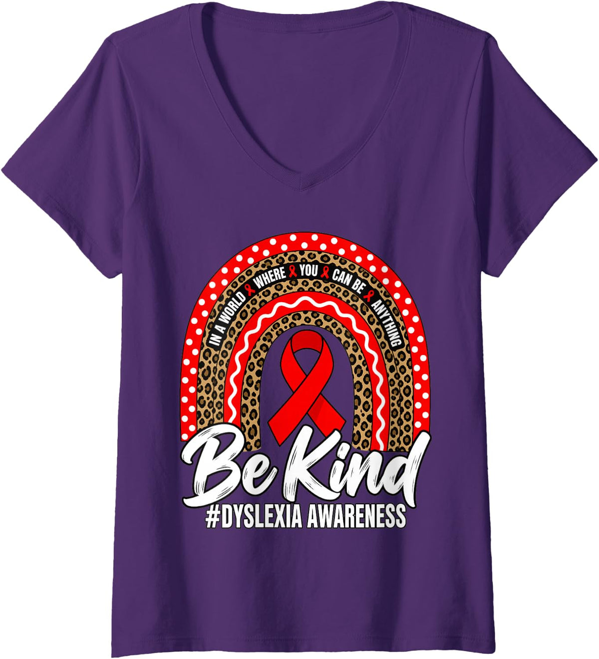 Women's Be Kind Leopard Rainbow Dyslexia Awareness Teacher V-Neck T-Shirt - Purple