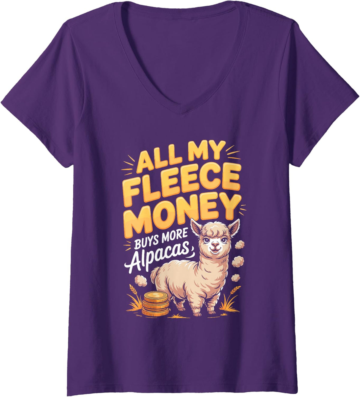 Women's All My Fleece Money Buys More Alpacas Alpaca V-Neck T-Shirt - Purple