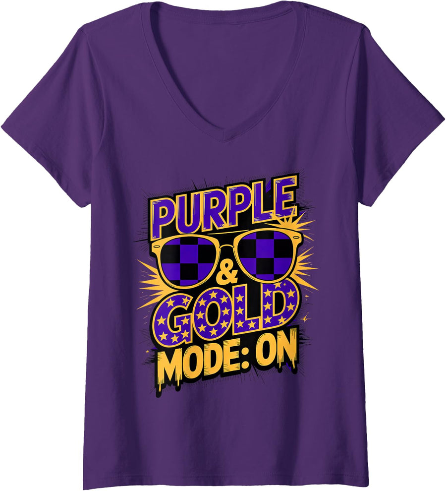 Women's Bruh Purple Gold Mode ON High School Field Game Day Wildcat V-Neck T-Shirt - Purple