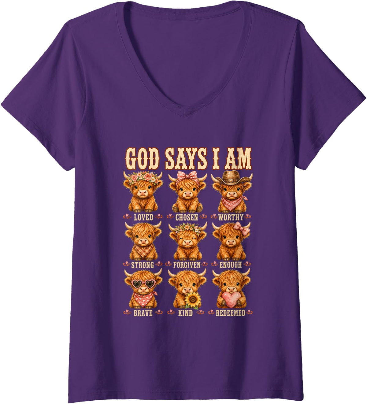 Women's God Says I Am Highland Cow Christian Bible Verse Girls V-Neck T-Shirt - Purple