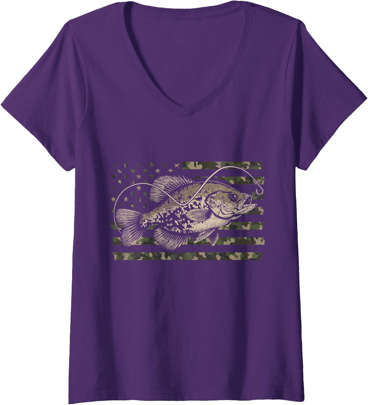 Women's Crappie Fishing Distressed Camo Flag V-Neck T-Shirt - Purple