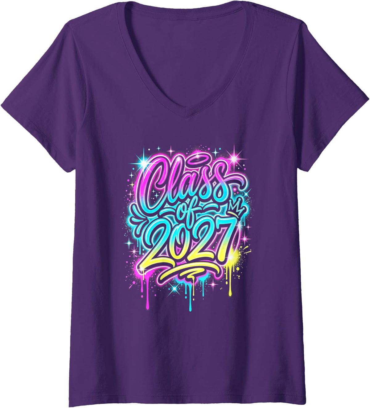 Women's Class of 2027 90s Airbrush Graffiti Dripping School Senior V-Neck T-Shirt - Purple