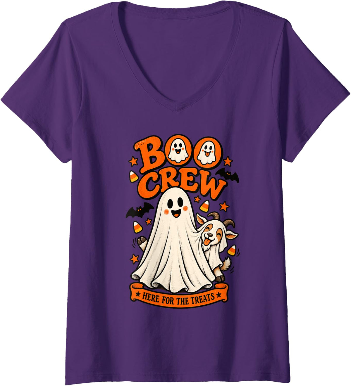 Women's Goat Boo Crew Here for the Treats Halloween Animal Lover V-Neck T-Shirt - Purple