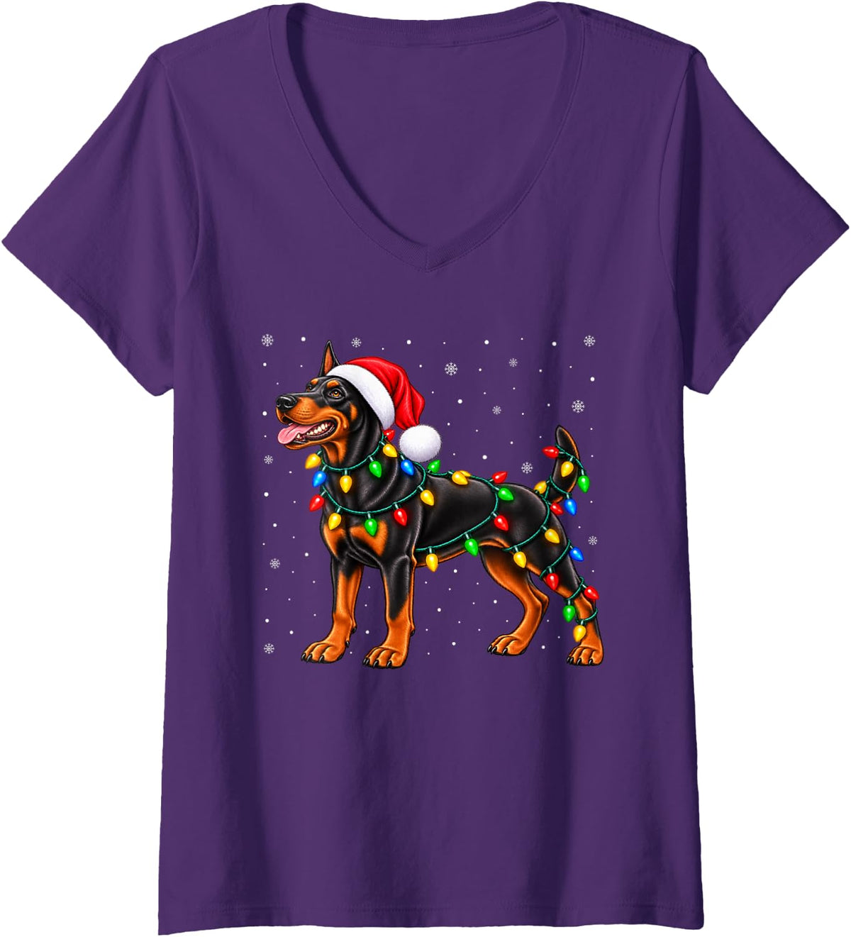 Women's Doberman Pinscher Christmas Santa Hat Xmas Pet Dog Lover V-Neck T-Shirt - Purple
