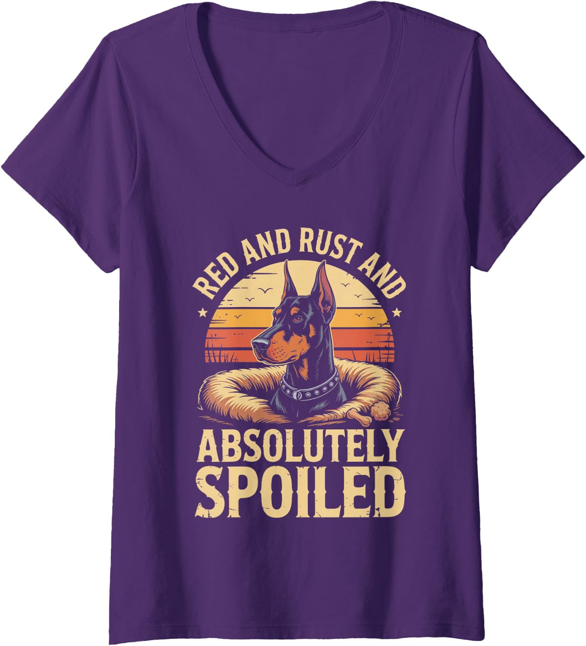 Women's Red and Rust and Absolutely Spoiled Doberman Dobie Dog V-Neck T-Shirt - Purple
