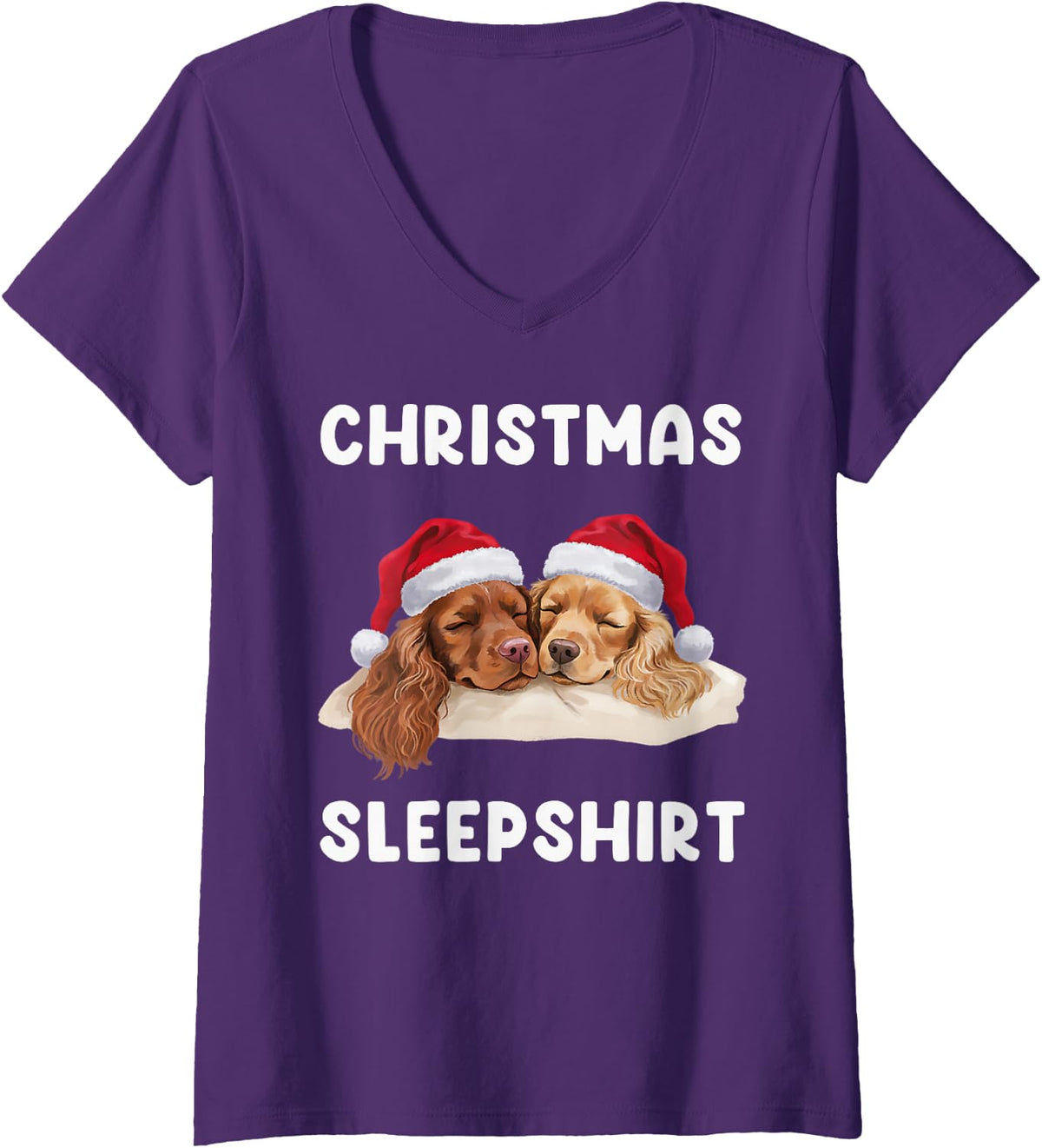 Women's Cocker Spaniel Christmas Sleepshirt Pajamas Sleeping Dogs V-Neck T-Shirt - Purple