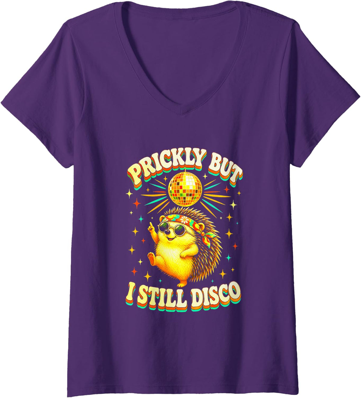 Women's Hedgehog Disco Retro Fun V-Neck T-Shirt - Purple