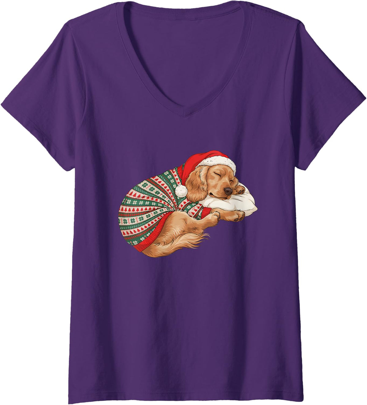 Women's Cozy Sleepy Cocker Spaniel Christmas Pajama Nap Dog Mom Dad V-Neck T-Shirt - Purple
