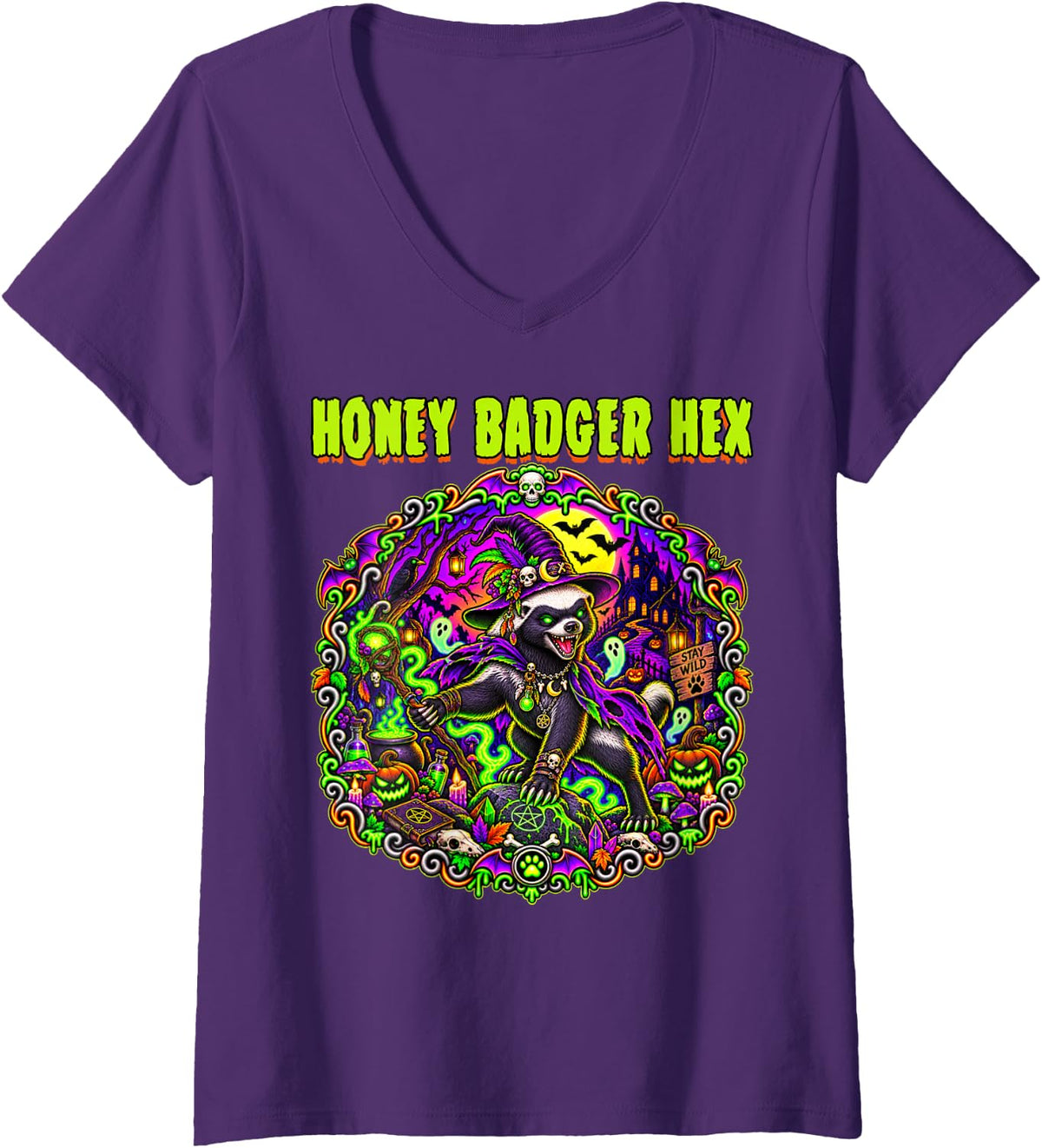 Women's Honey Badger Hex Witch Ghosts Spooky Scary Haunted Horror V-Neck T-Shirt - Purple
