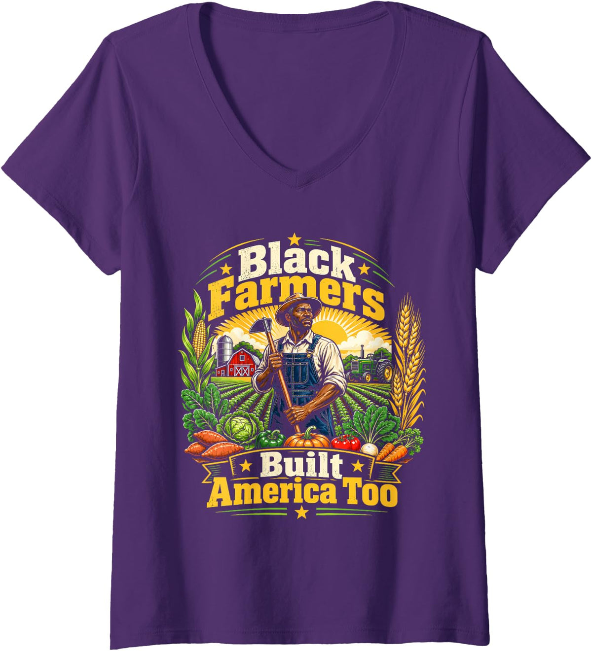 Women's Black Farmers Built America Too Agriculture Pride V-Neck T-Shirt - Purple