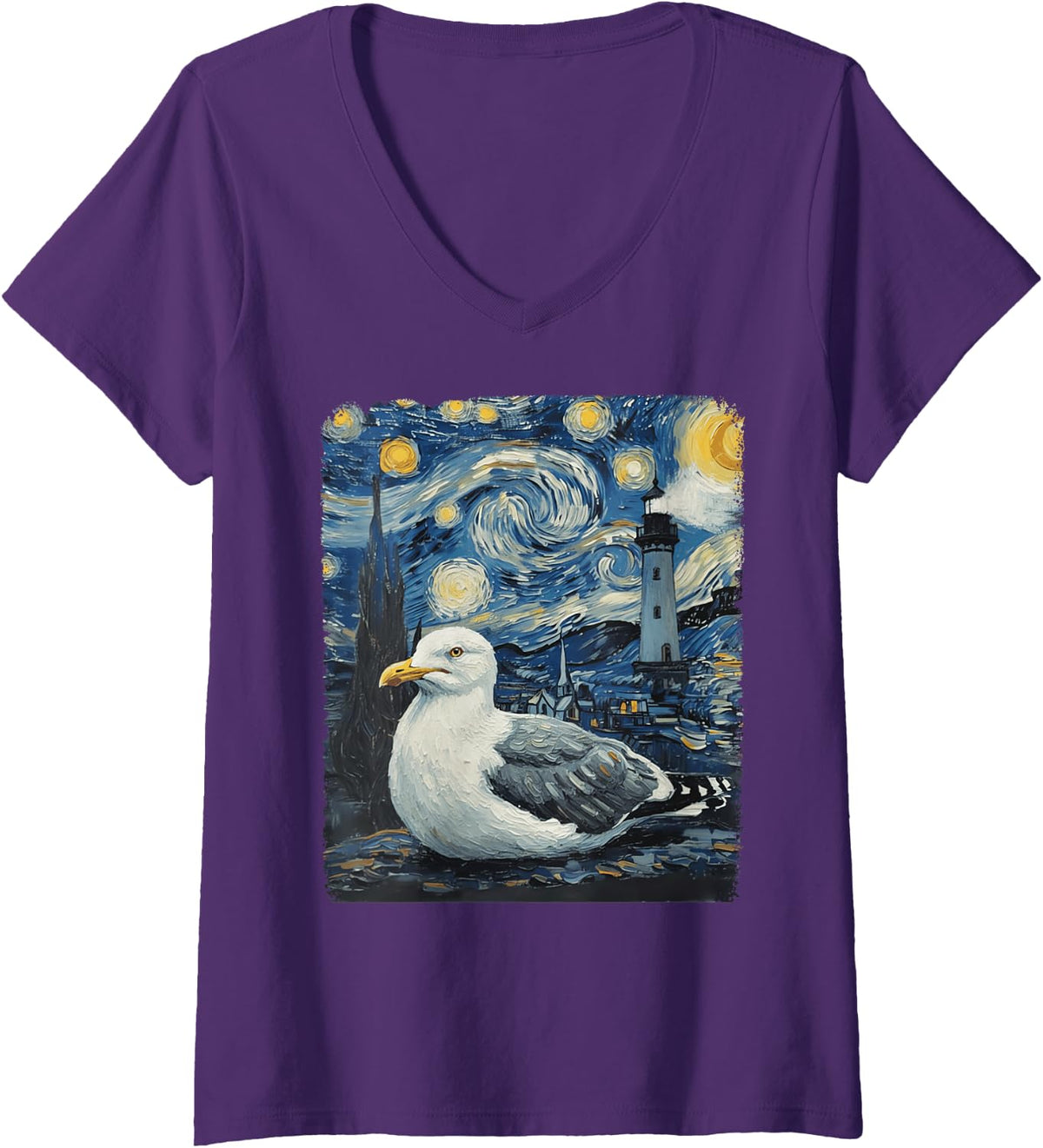 Women's Starry Night Van Gogh Seagull with Lighthouse Coast V-Neck T-Shirt - Purple