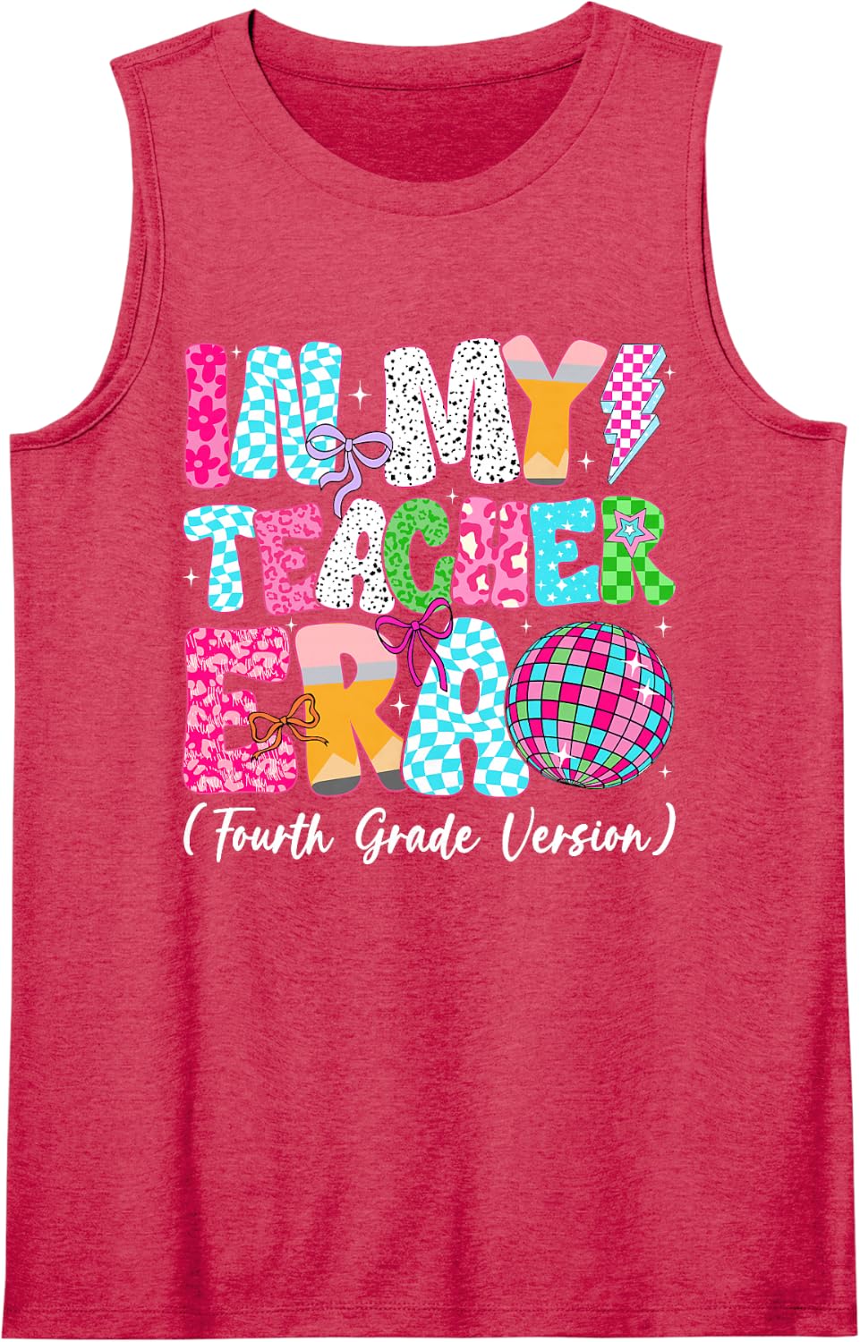in My Teacher Era Fourth Grade Version Groovy Teacher Sleeveless Tank Top - Red