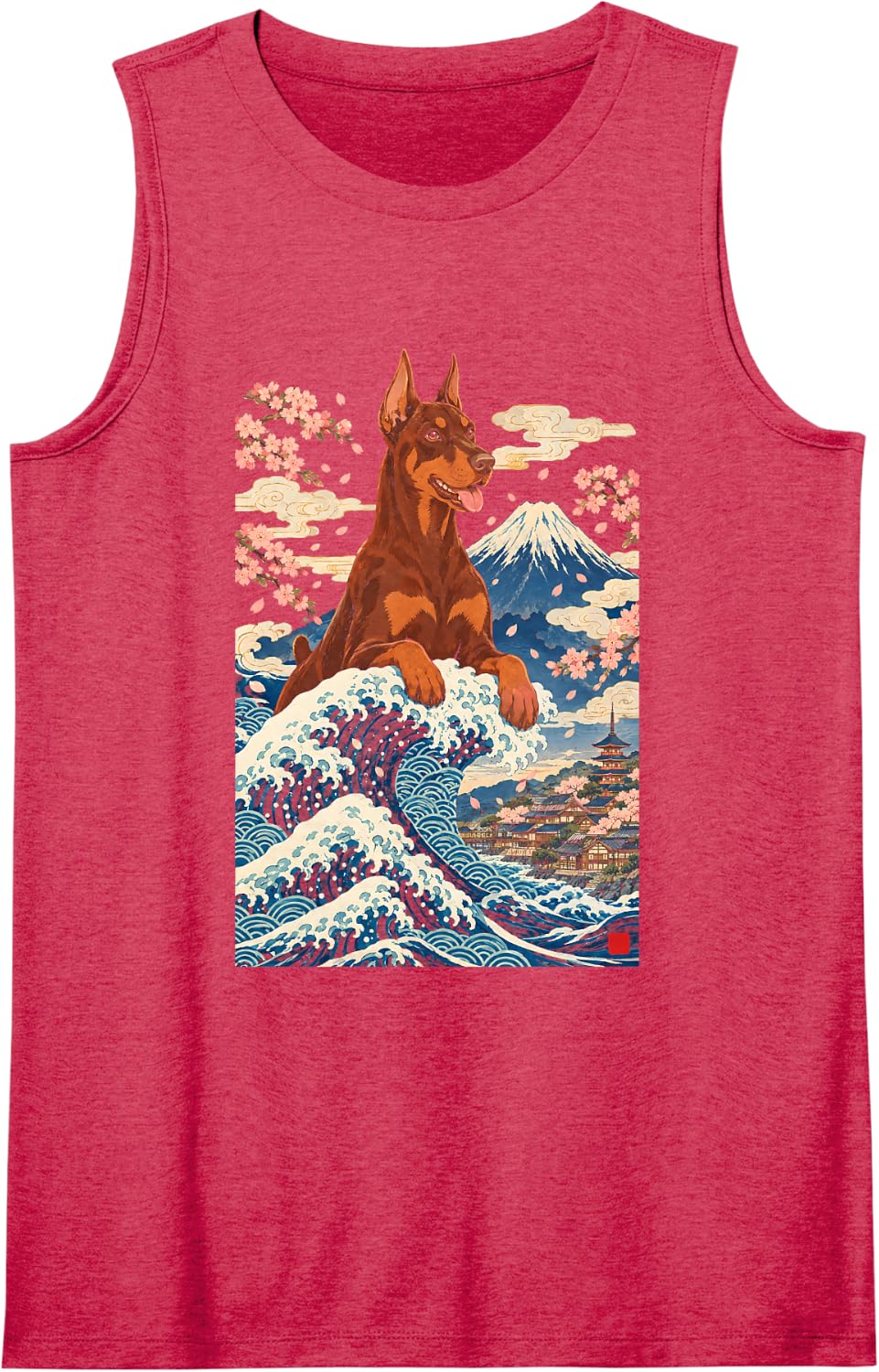 Doberman Pinscher Japanese Great Wave Sleeveless Tank Top - Red