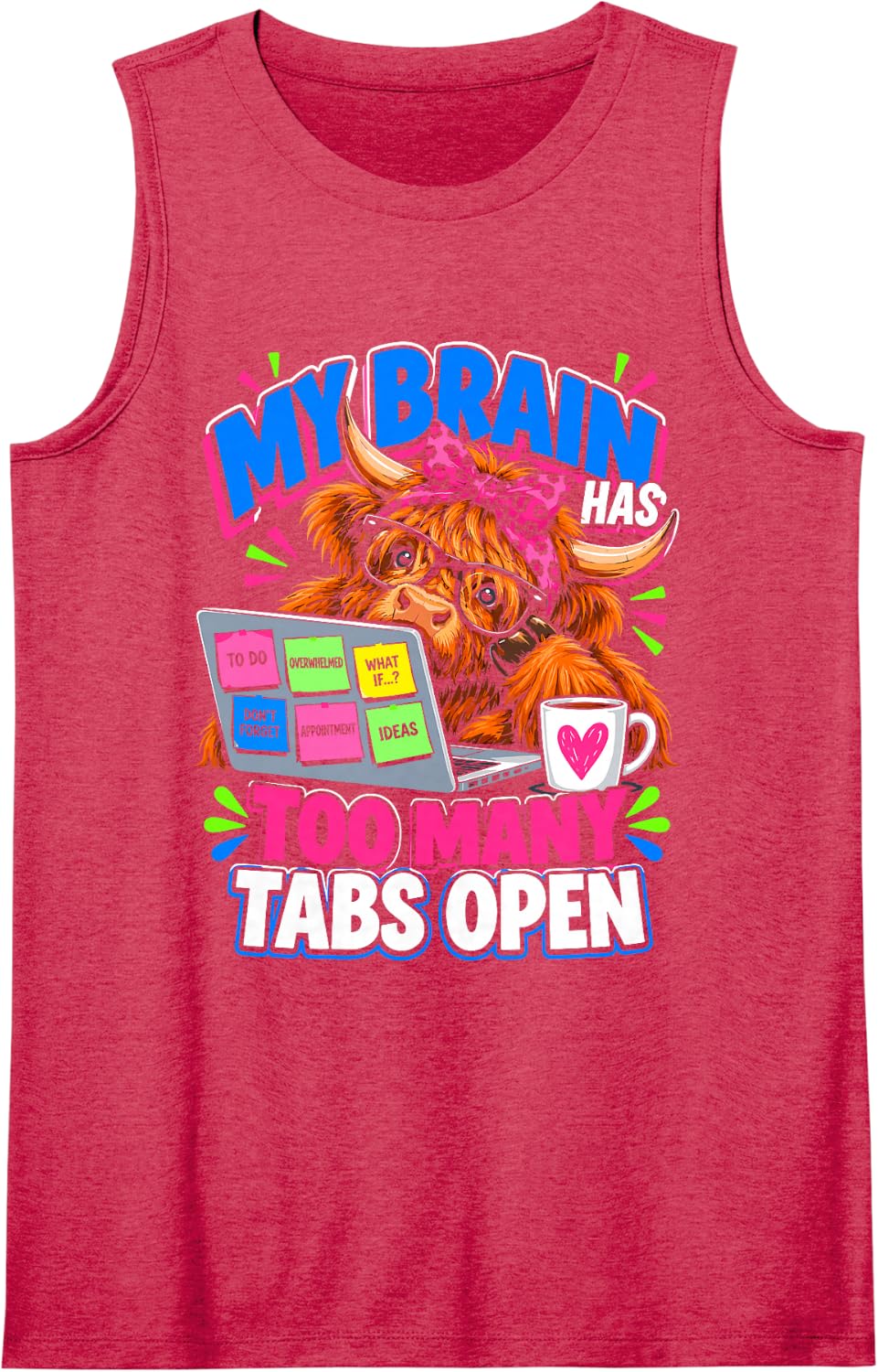 My Brain Has Too Many Tabs Open Funny Highland Cow Sleeveless Tank Top - Red