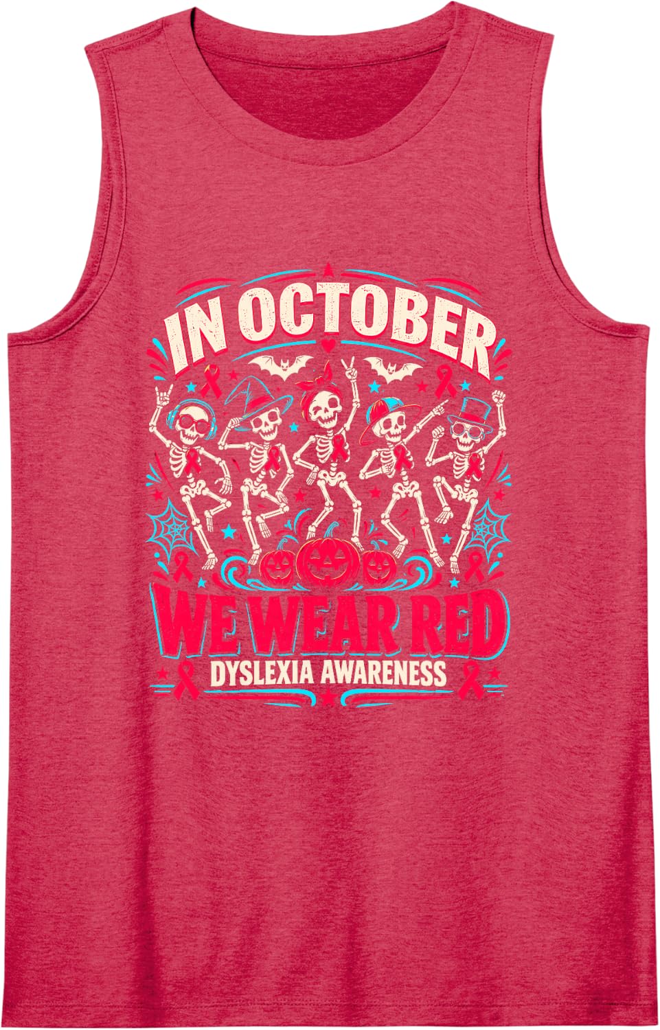 in October We Wear Red Skeleton Dyslexia Awareness Sleeveless Tank Top - Red