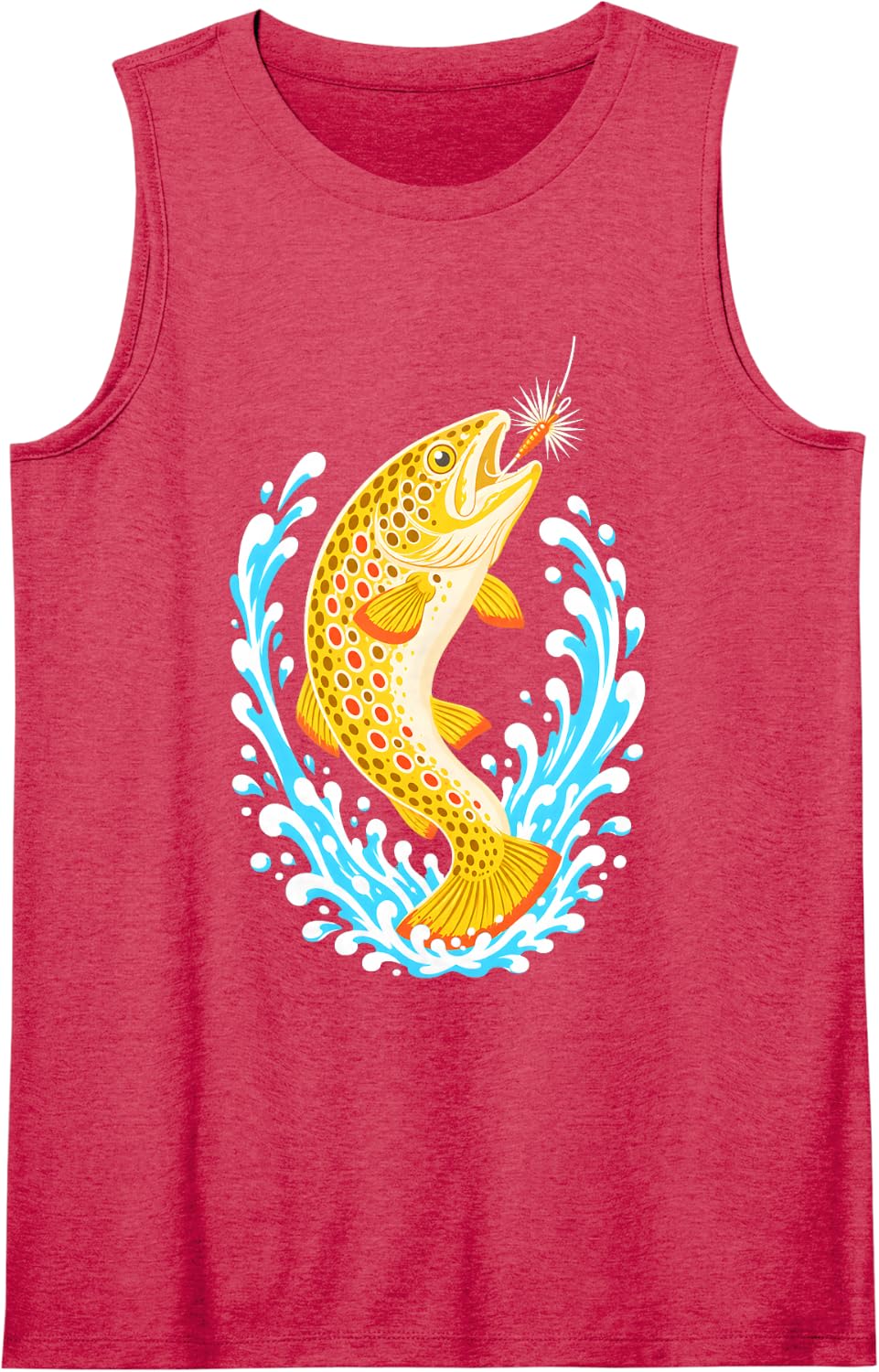 Trout Fly Fishing Funny Angler Fish Jumping Splash Brown Sleeveless Tank Top - Red