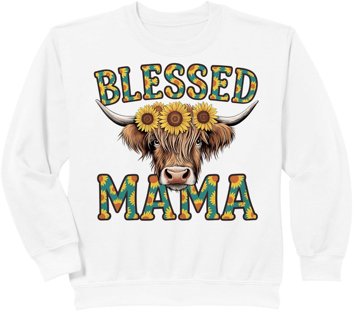 Cute Blessed Mama Highland Cow Mom Sunflowers Mothers Day Sweatshirt - White