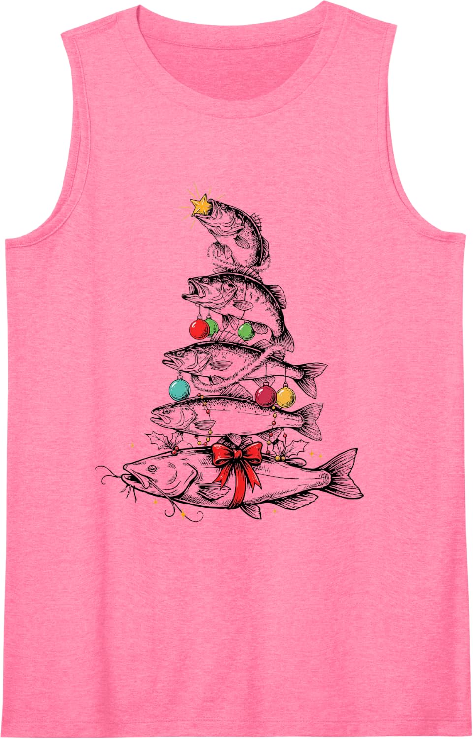 Funny Fish Christmas Tree Bass Pike Trout Catfish Sleeveless Tank Top - Pink