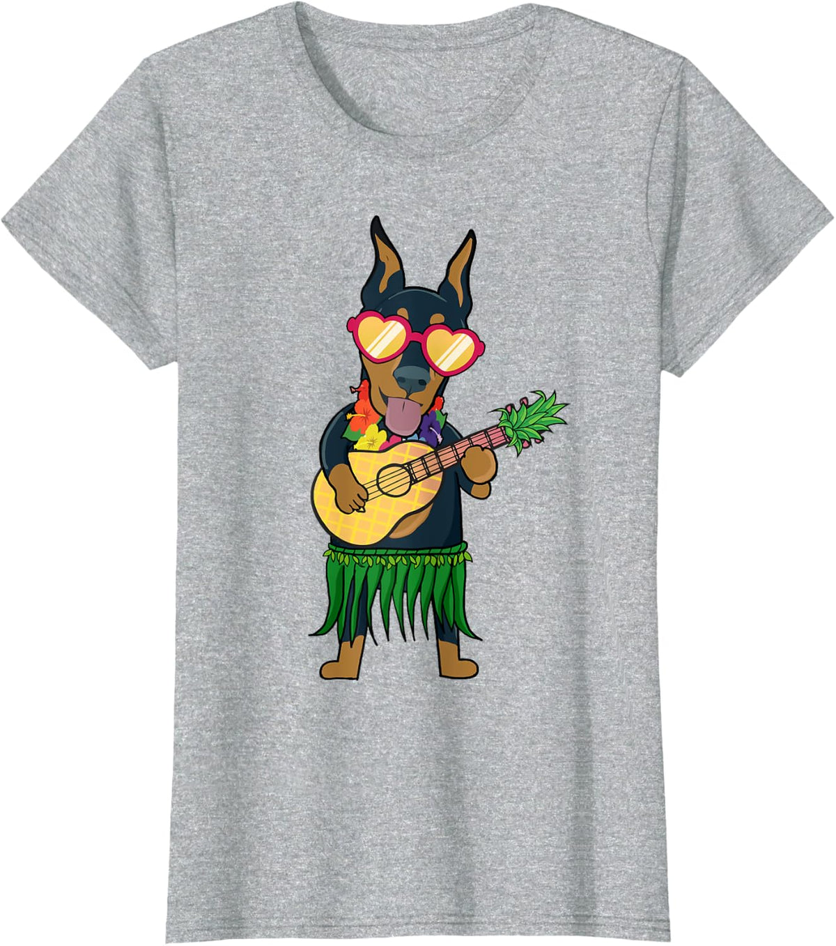 Doberman Pinscher Hawaiian Costume Ukulele Summer Shirt T-Shirt - Heather Grey