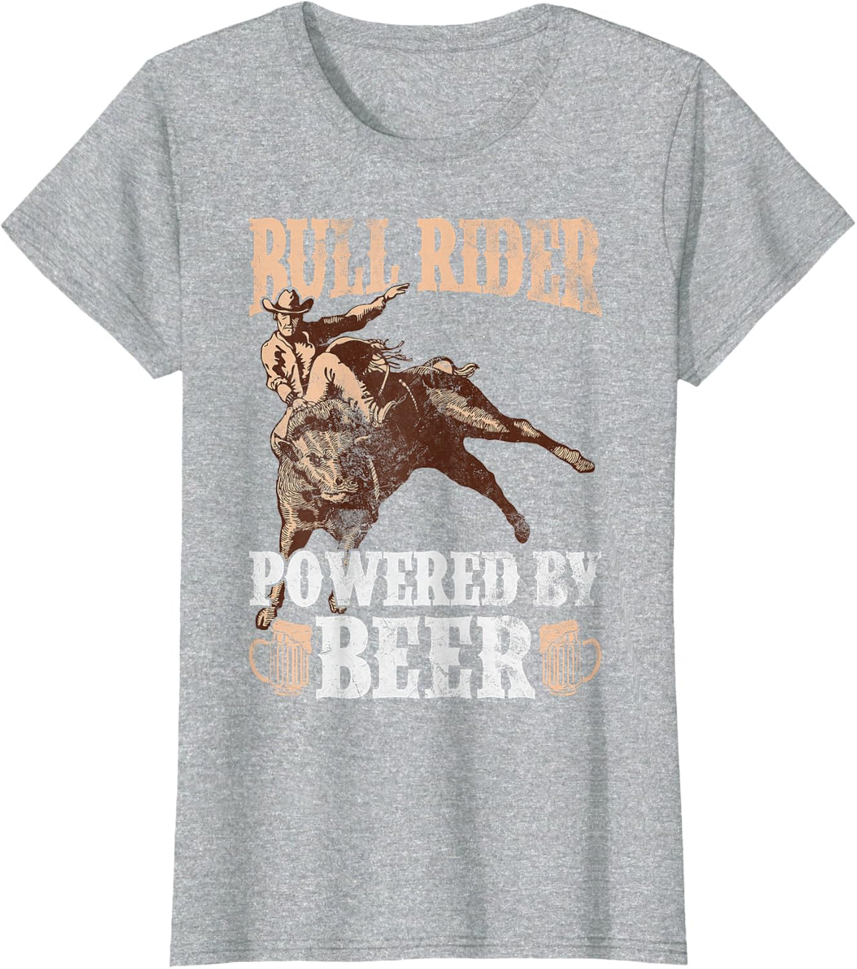 Bull Rider Powered By Beer Bull Riding Cowboy T-Shirt - Heather Grey