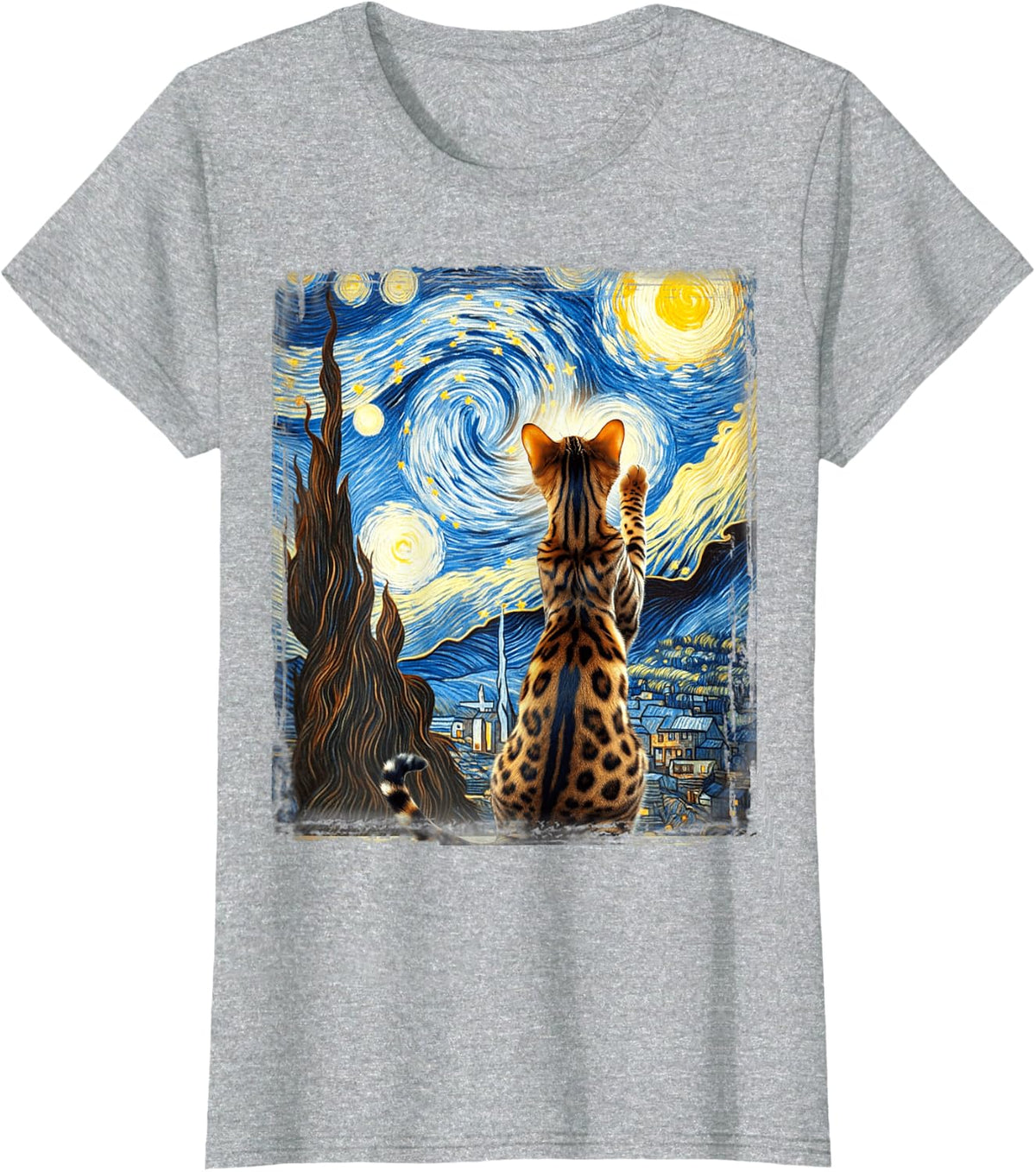 Van Gogh Starry Night Style Artistic Bengal Cat T-Shirt - Heather Grey