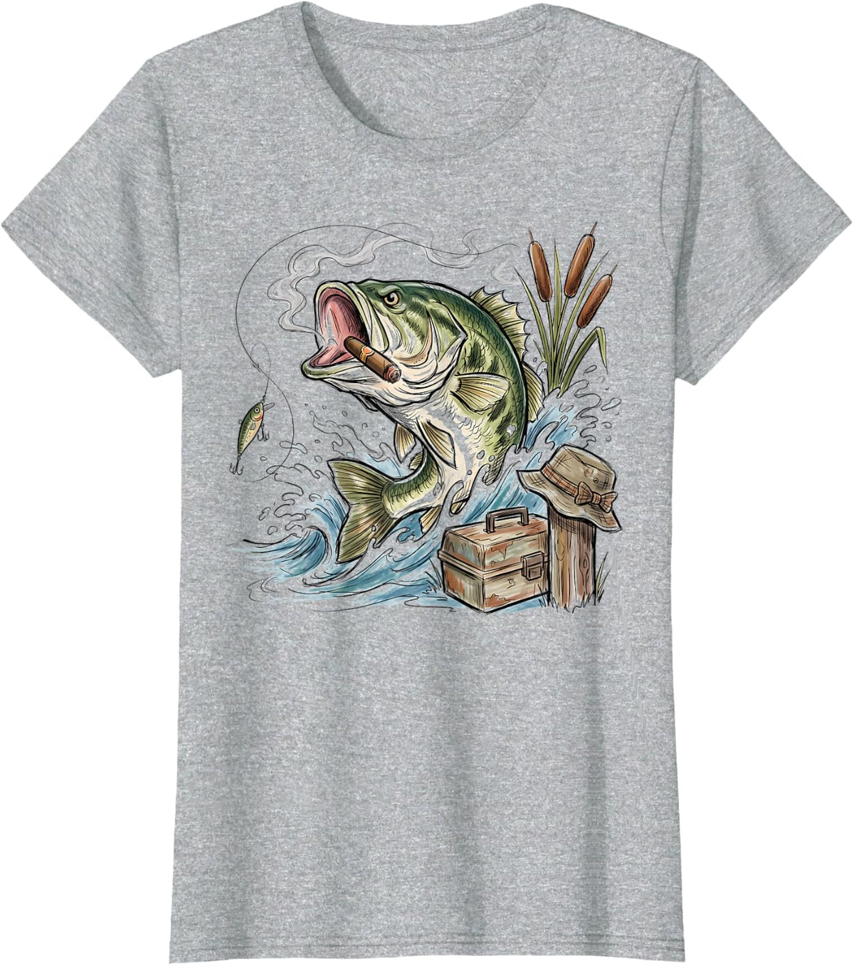 Funny Cigar Smoking Bass Fish Fisherman Tackle Box Humor T-Shirt - Heather Grey