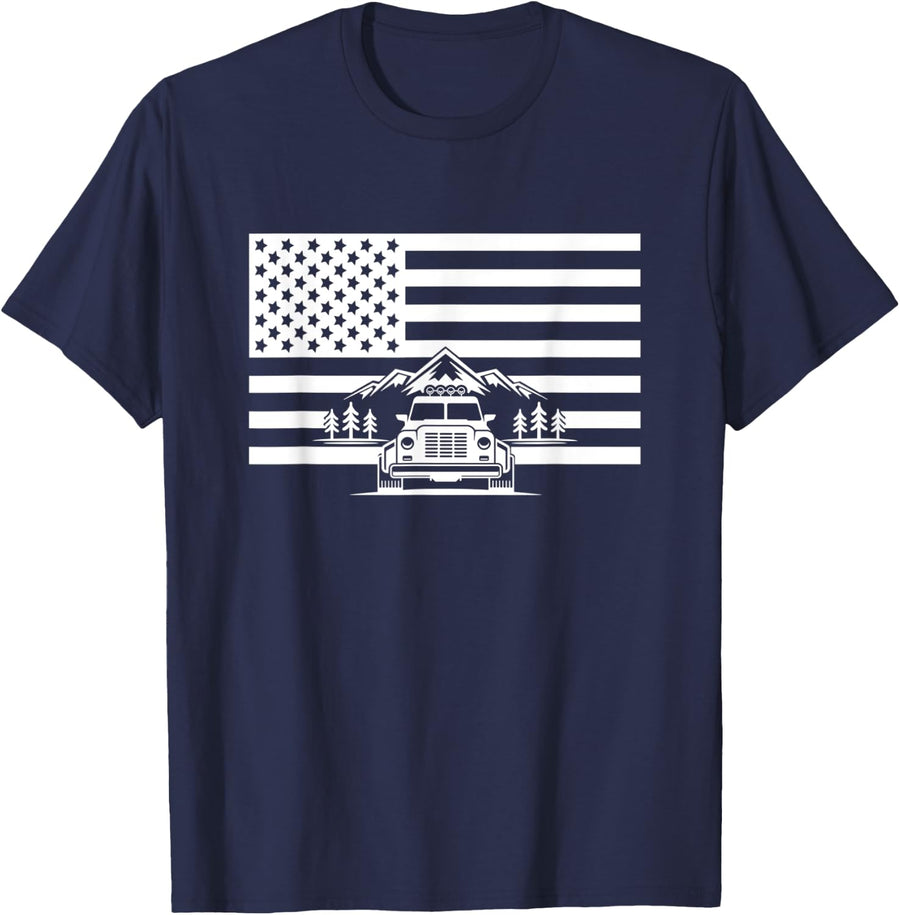 American Flag Off Roading Apparel - Overlanding Off Road Women Kids Men T-Shirt - Navy Blue