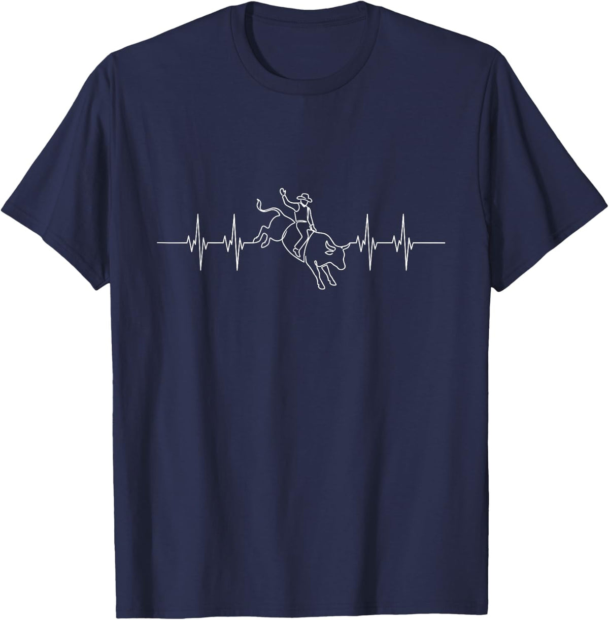 Bull Riding Heartbeat EKG Pulse Rodeo Cowboy Graphic T-Shirt - Navy Blue