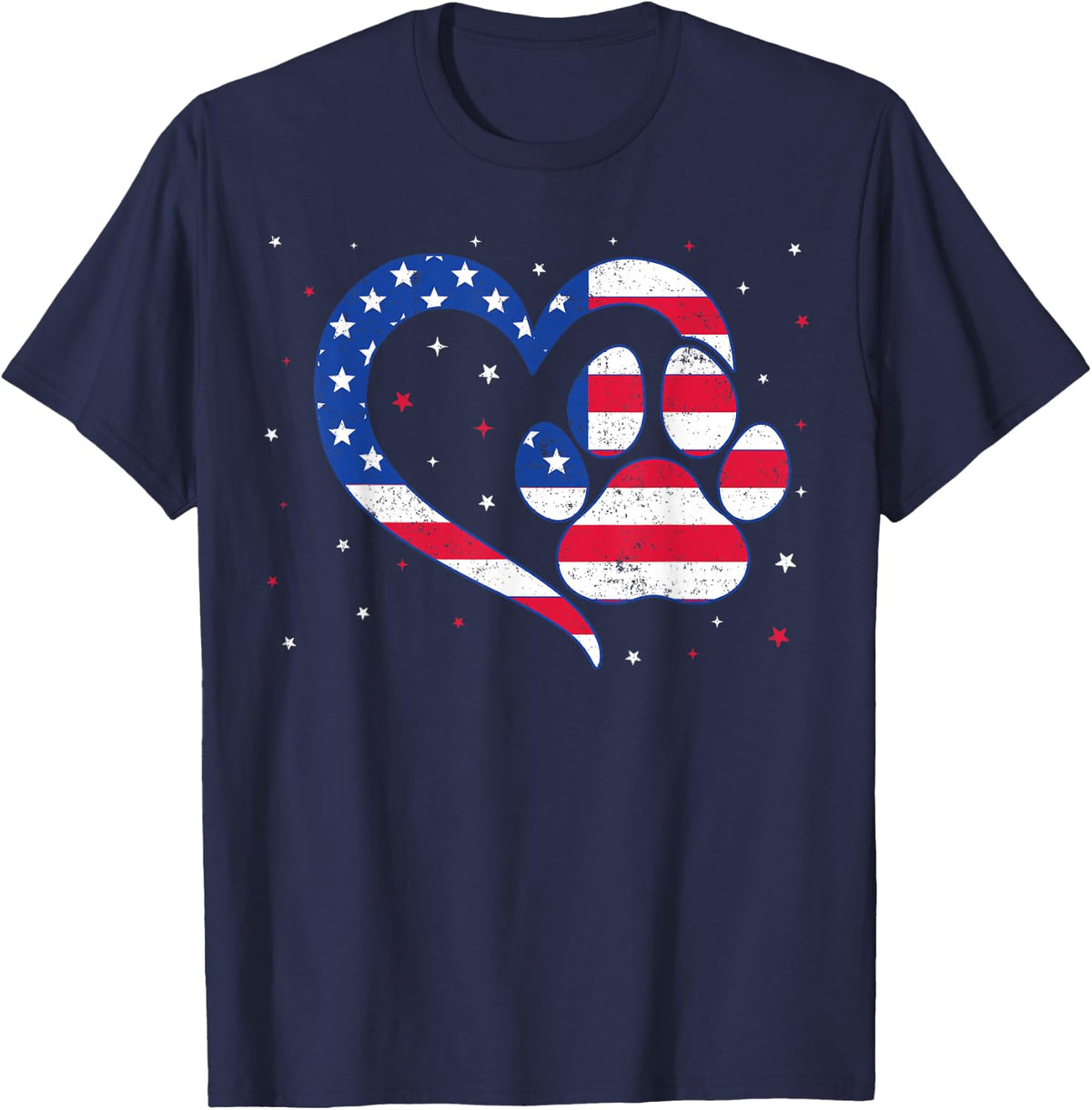 Cat & Dog Paw Heart American Flag Patriotic USA 4th Of July T-Shirt - Navy Blue