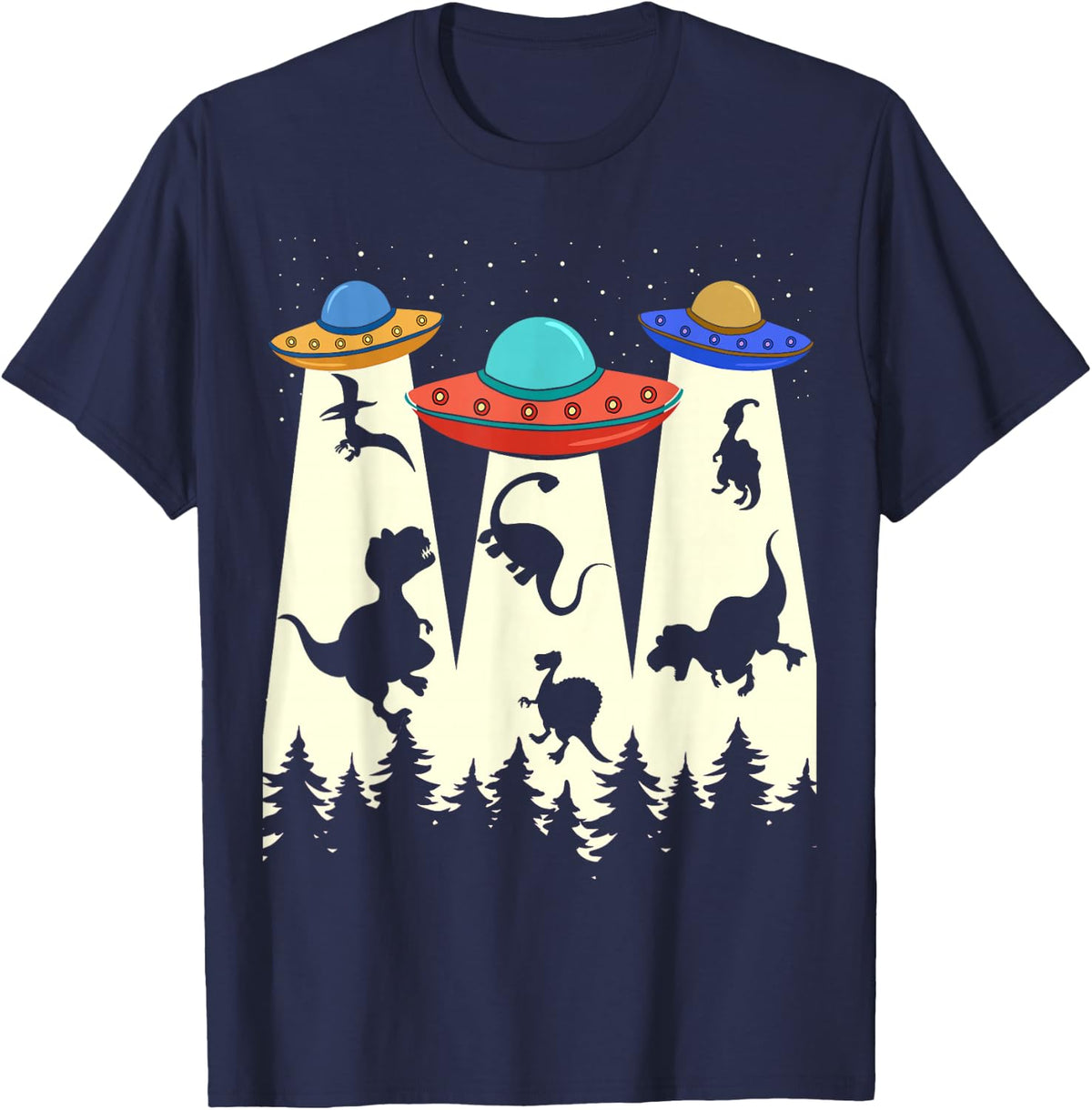 Dinosaur UFO Lover Retro Alien Abduction Conspiracy T-Rex T-Shirt - Navy Blue