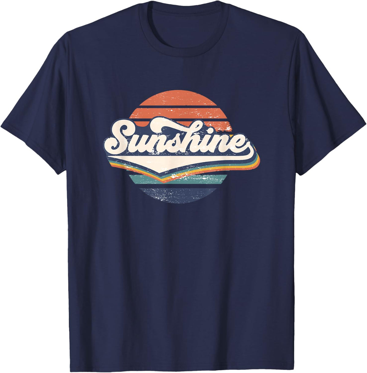 Sunshine Retro 70s Vintage Sunset Distressed Design T-Shirt - Navy Blue