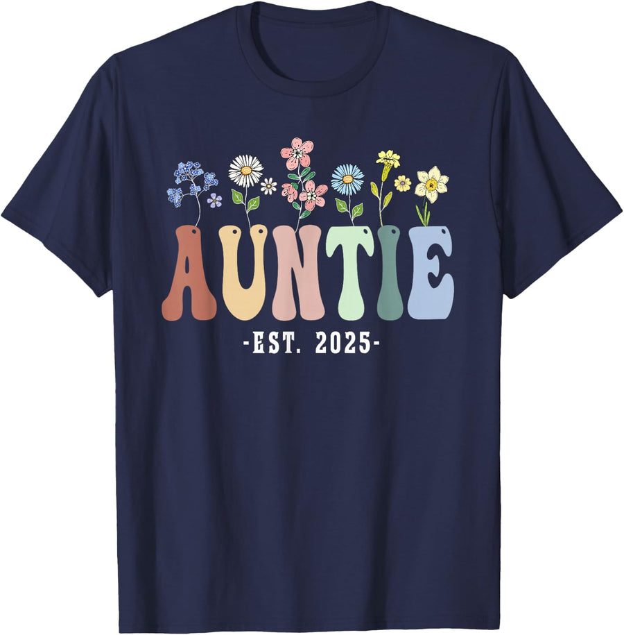 Auntie 2025 Auntie to Be Gifts Wildflower Floral Design T-Shirt - Navy Blue