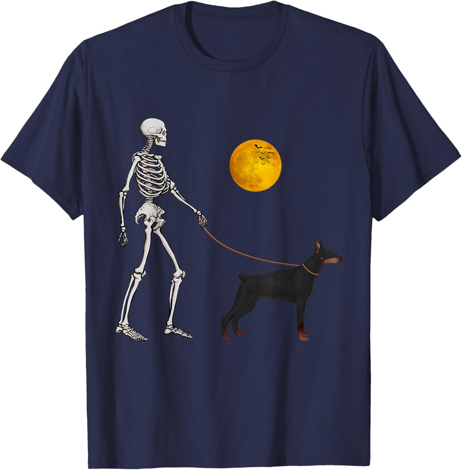 Doberman Skeleton Dog Walking Halloween Costume T-Shirt - Navy Blue
