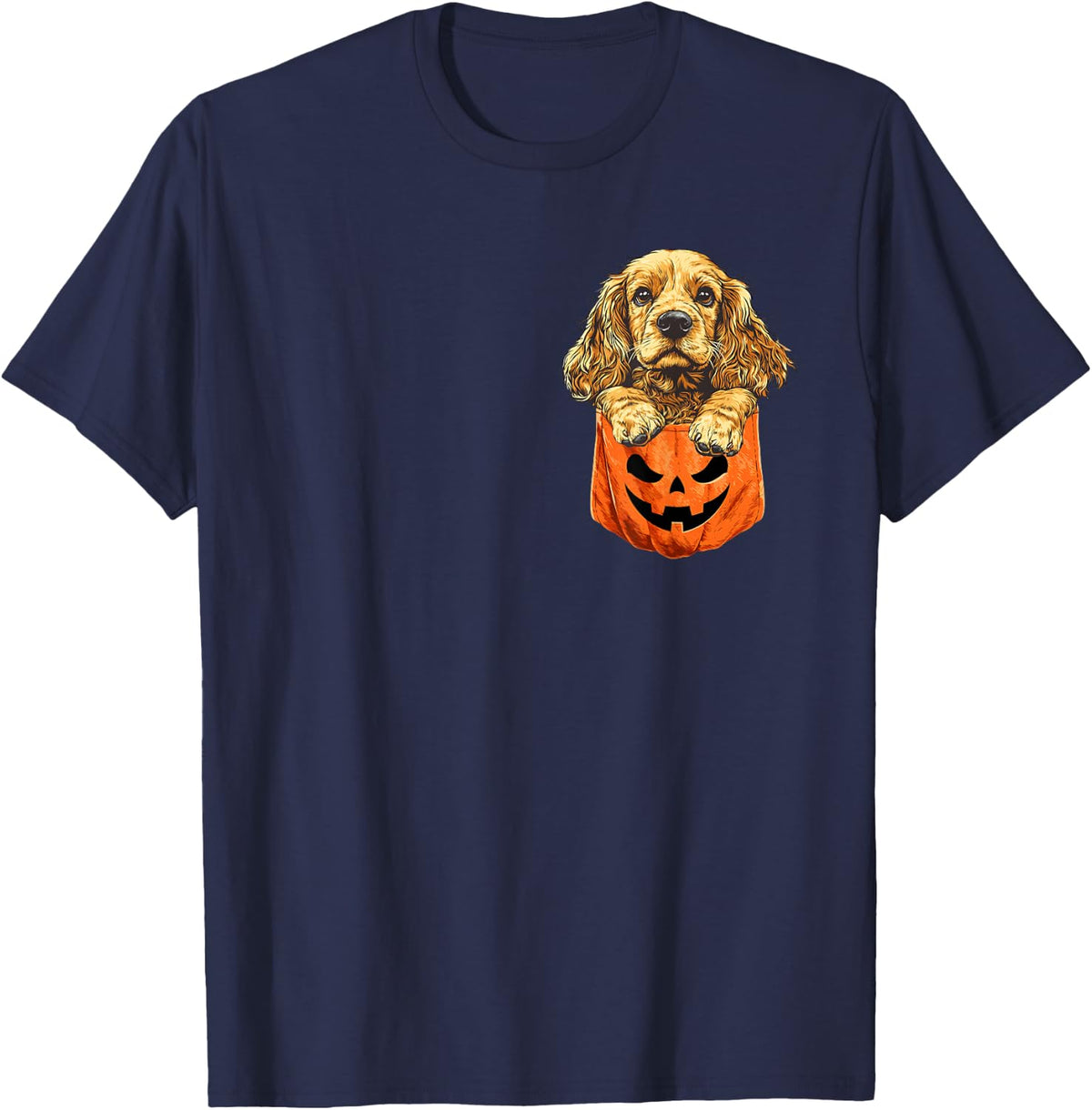 Funny Cocker Spaniel Peeking in Pocket Halloween Dog Lover T-Shirt - Navy Blue