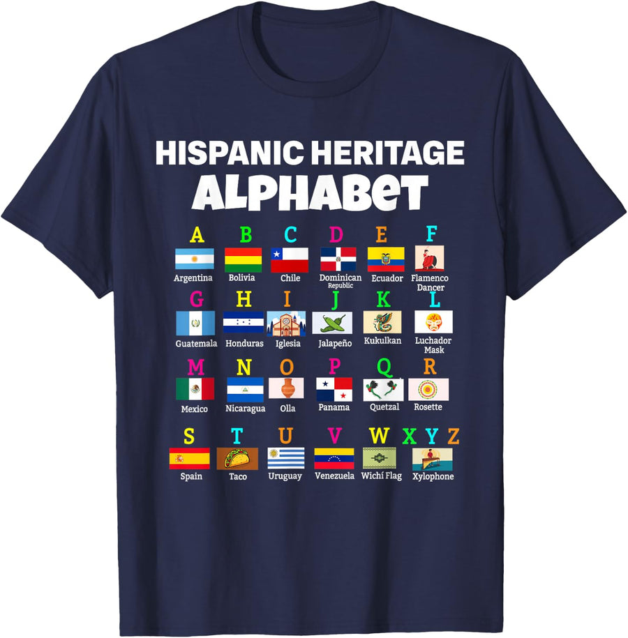 Hispanic Flag Alphabet for Teachers Educational Latin Flags T-Shirt - Navy Blue