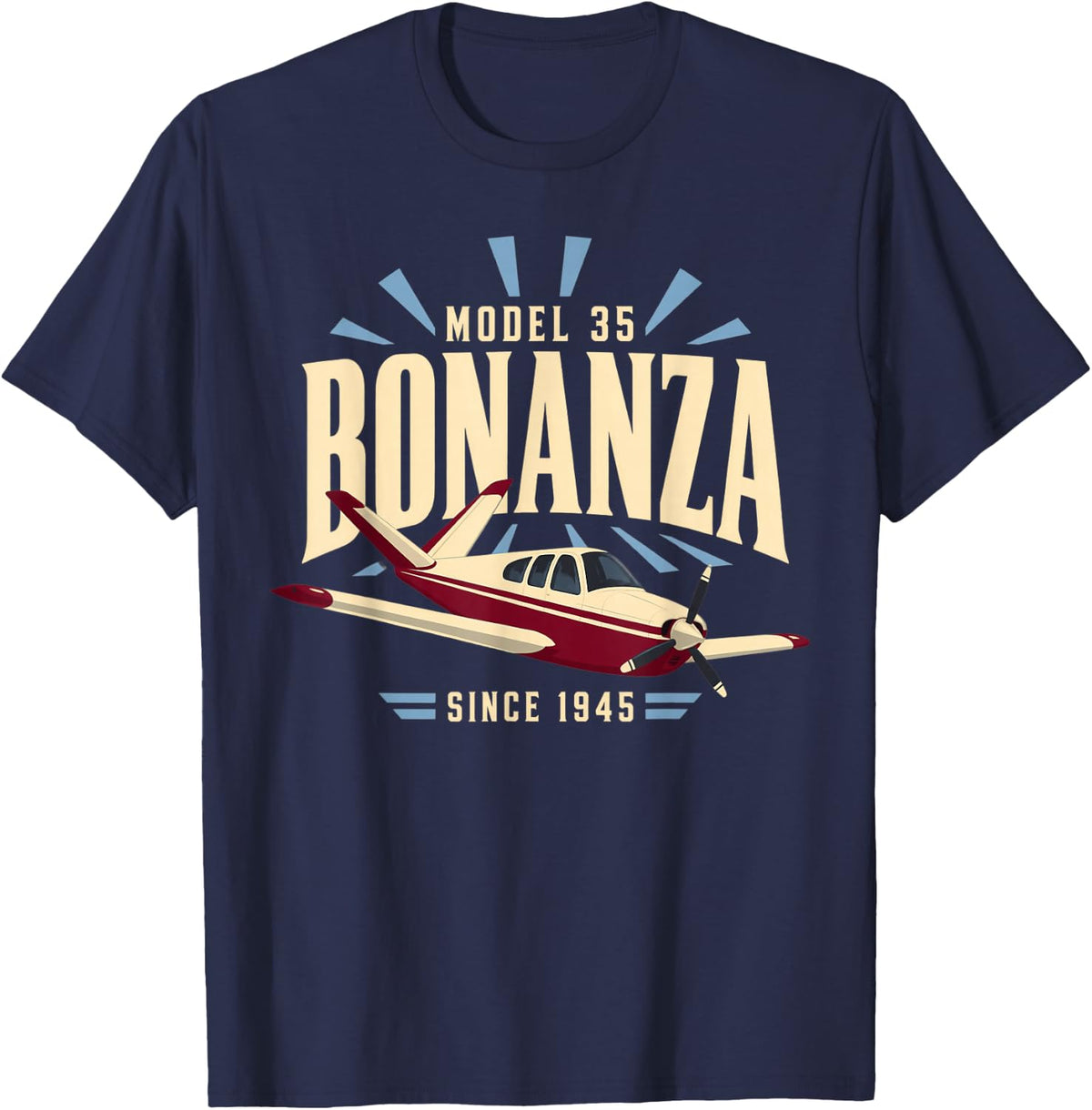 Model 35 Bonanza Since 1945 Airplane T-Shirt - Navy Blue