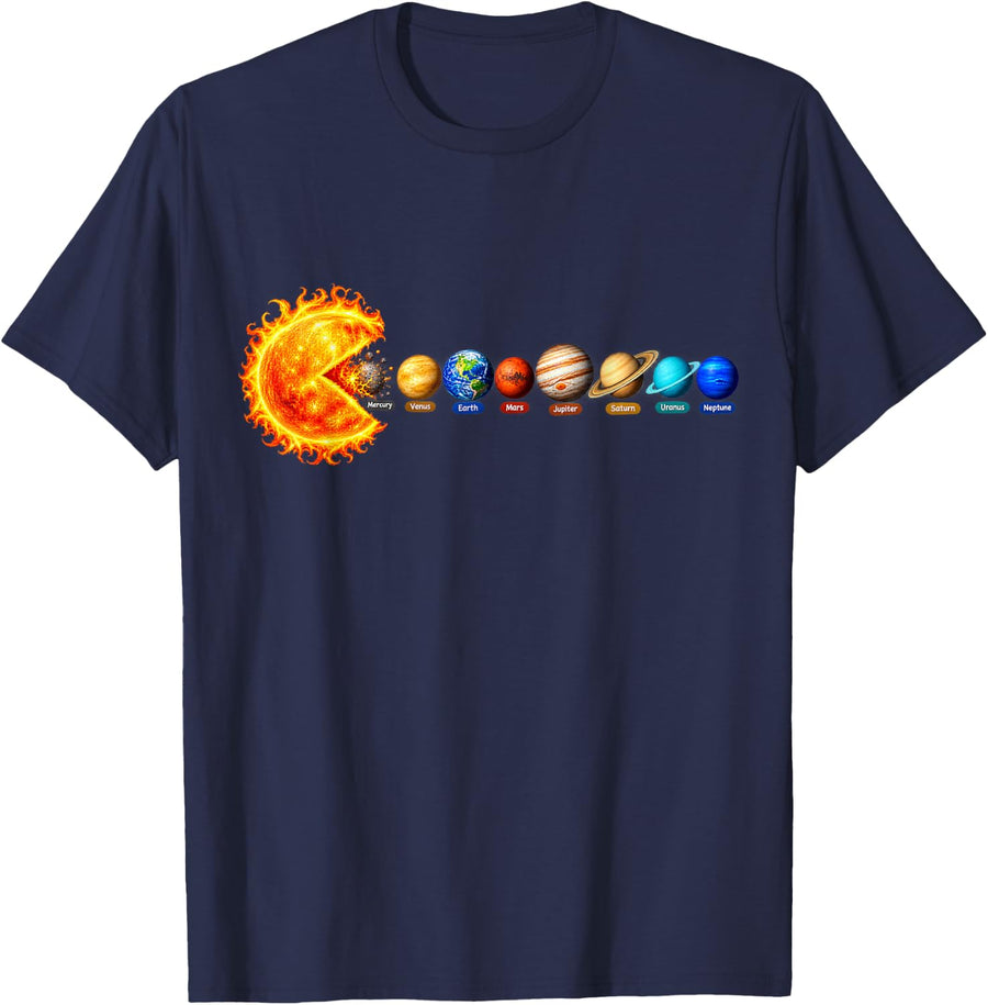 Funny Sun Planetary System Star Eating Planets Astronomy T-Shirt - Navy Blue