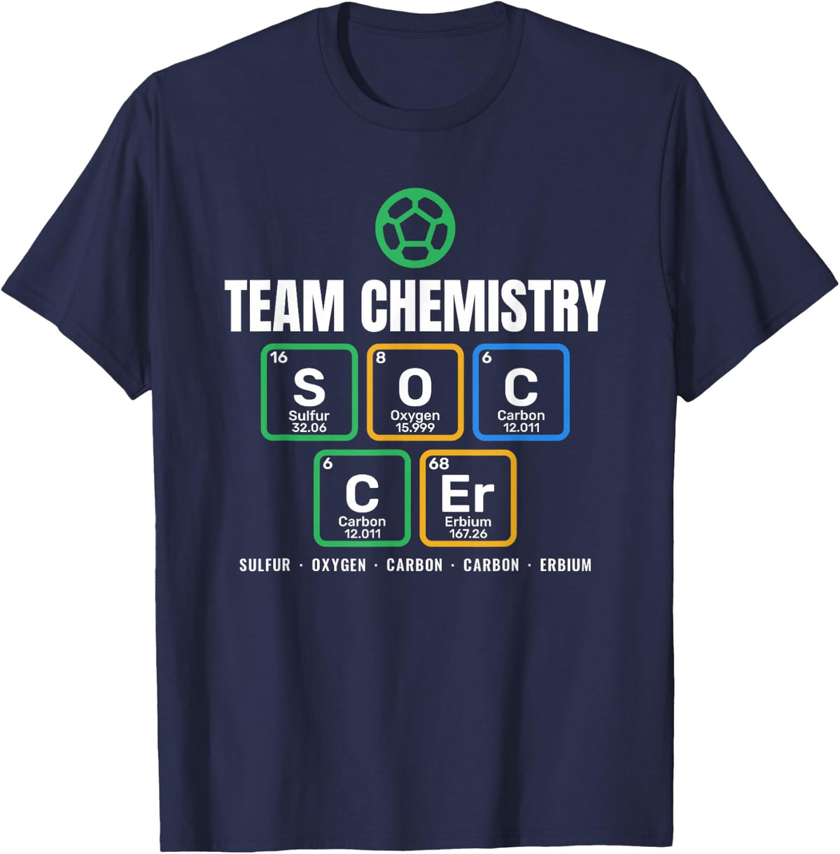 Team Chemistry Soccer Periodic Table Coach Player Science T-Shirt - Navy Blue