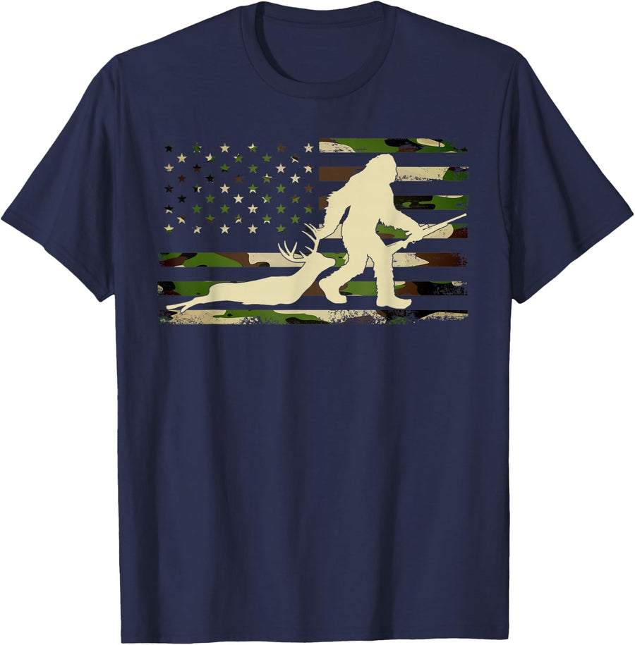 Bigfoot Deer Hunting Flag US Camouflage Sasquatch Hunting T-Shirt - Navy Blue