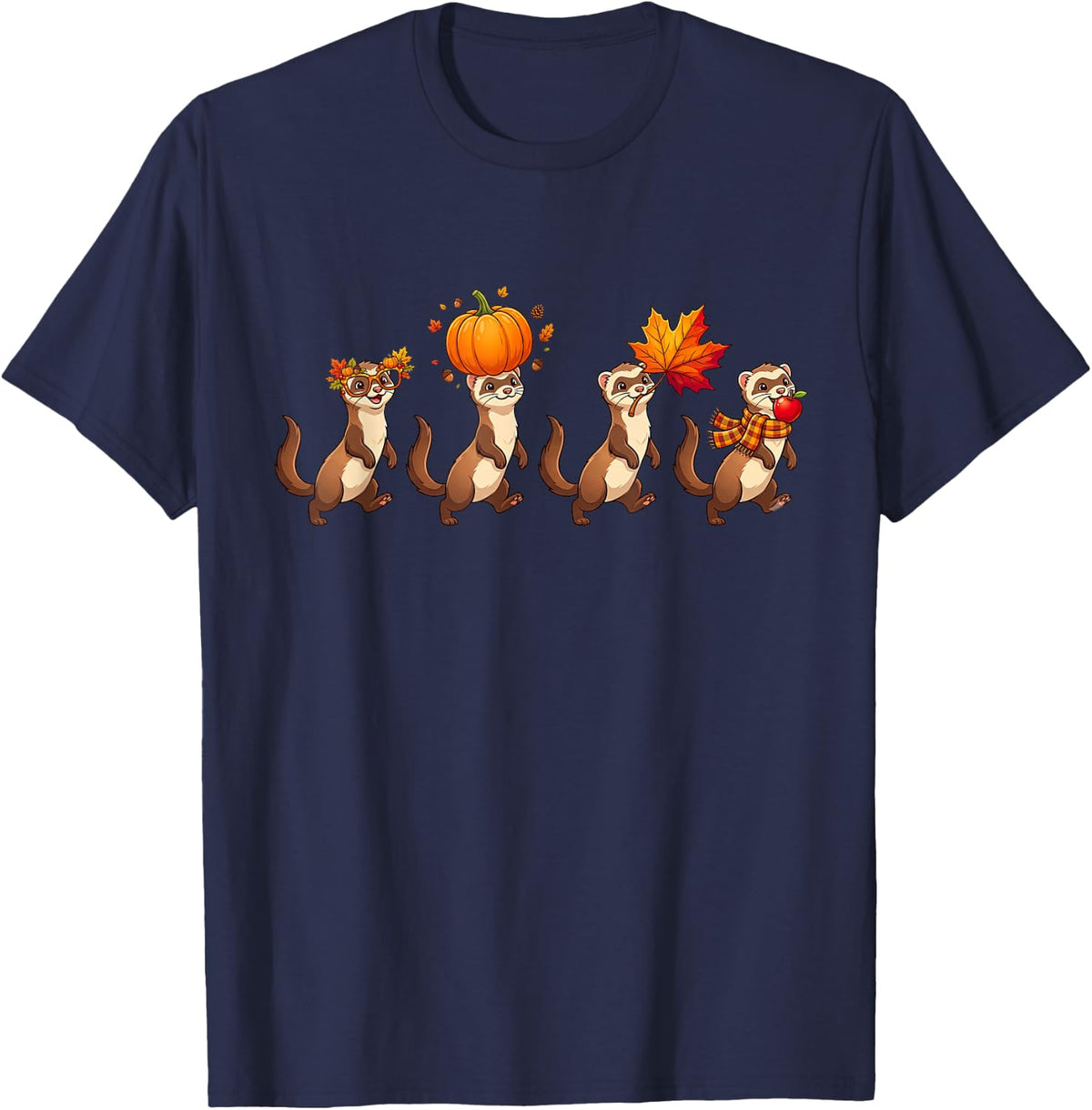 Autumn Pumpkin Fall Ferret Thanksgiving Womens Mens Kids T-Shirt - Navy Blue