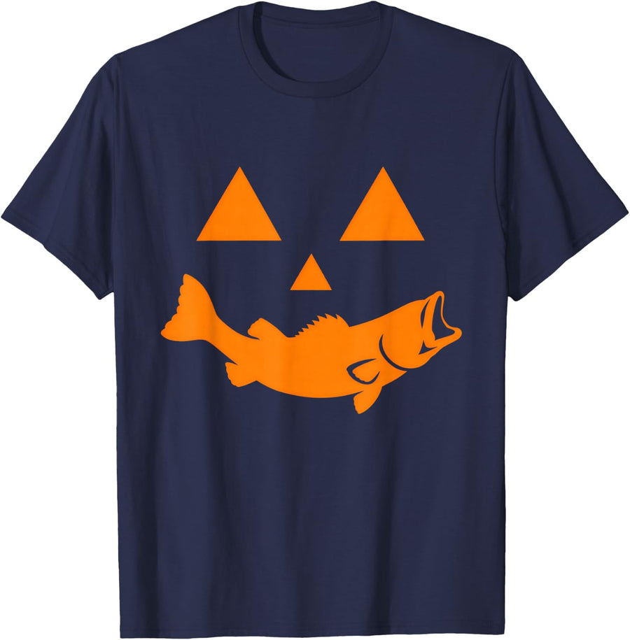 Halloween Fishing Bass Pumpkin Face Costume Jack-o-Lantern T-Shirt - Navy Blue