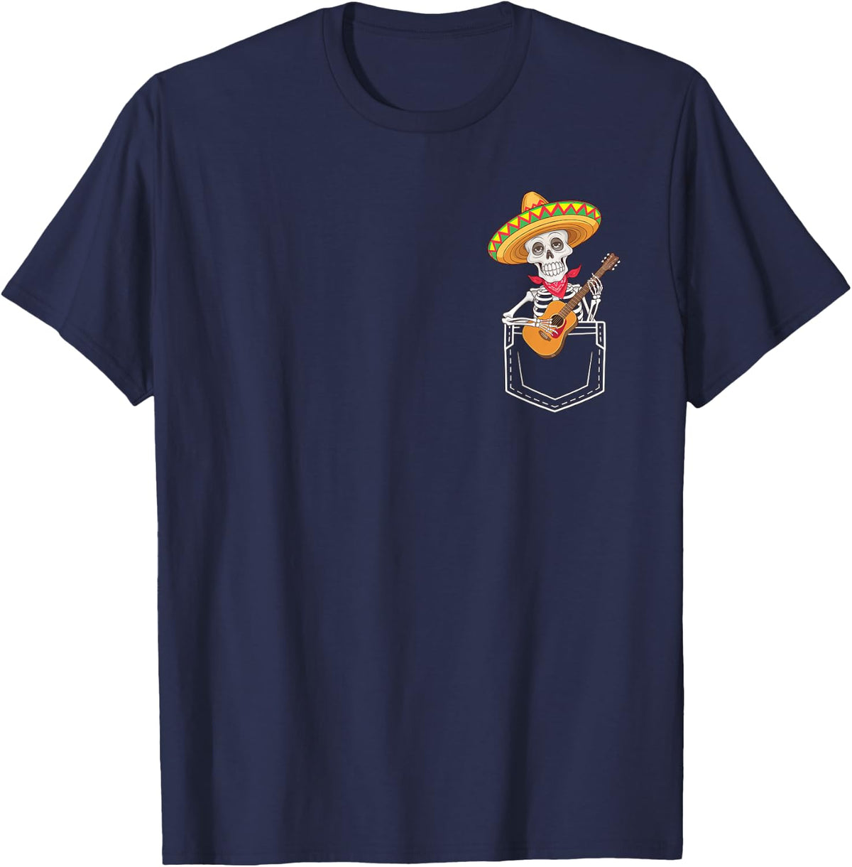 Funny Skeleton Mariachi Guitar Pocket Cinco De Mayo Mexican T-Shirt - Navy Blue